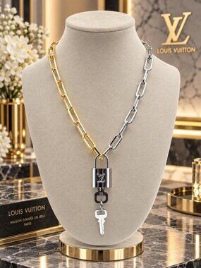 Paperclip Style Stainless Steel Chain Necklace w/Authentic Louis Vuitton Padlock